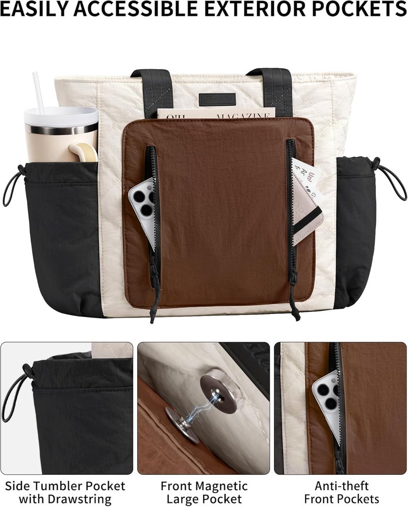 Bagstellar Puffer Tote Bag for Women, Lightweight Puffy Work Laptop Handbag Teacher Nurse Quilted School Daily Travel Gym Bag | Durable, with Zipper, 15.6" Laptop Sleeve, Large Tumbler Holder, Daily Carry On Bags, Comfy College Bags, Portable, Spacious - Image 4